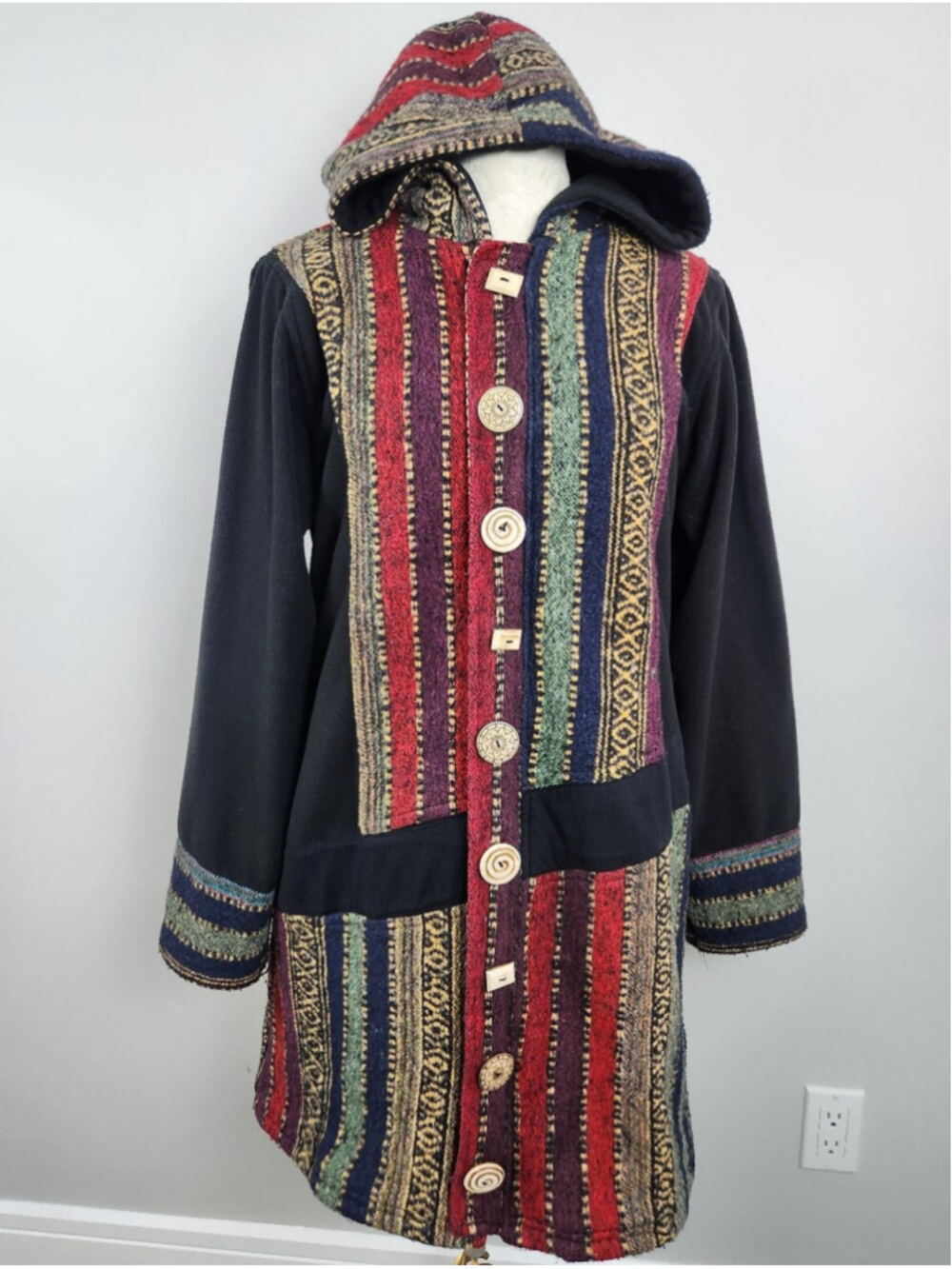 Leopards & Roses Long Fleece Jacket Hooded Coat Patchwork Boho Artsy Size L